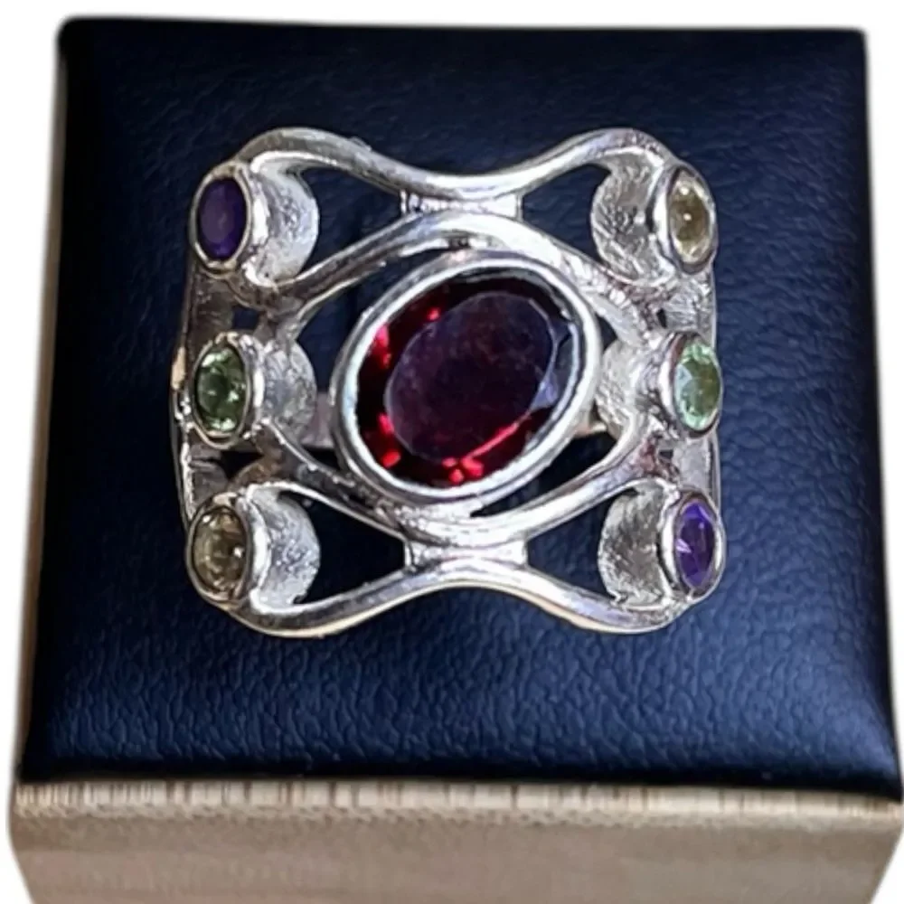 Amazing 925 Sterling Silver Garnet Amethyst Peridot Citrine Gemstone Ring Size 8
